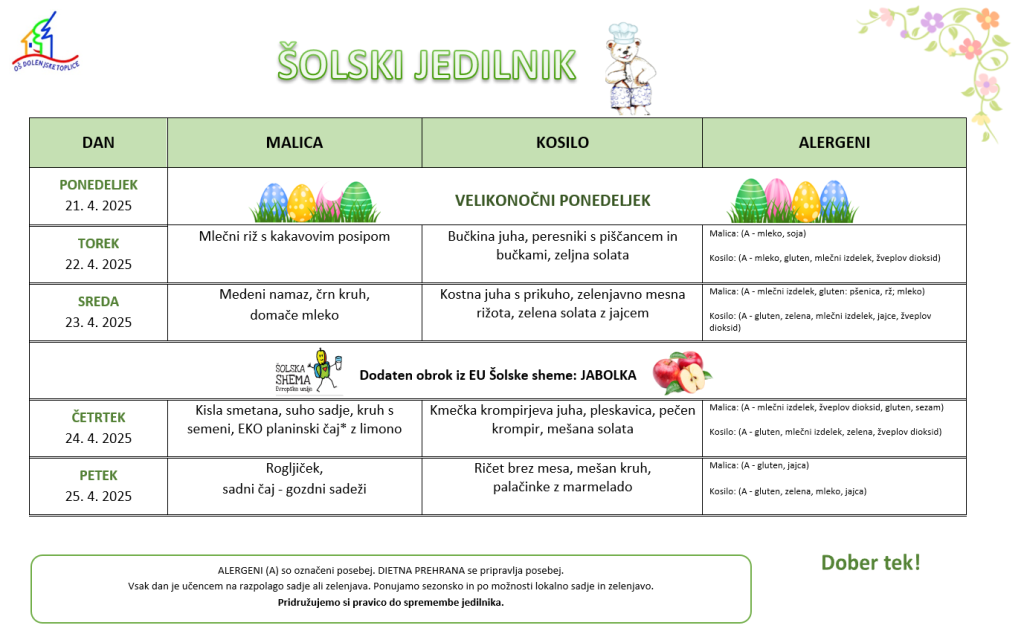 Jedilnik od 21. 4. do 25. 4. 2025